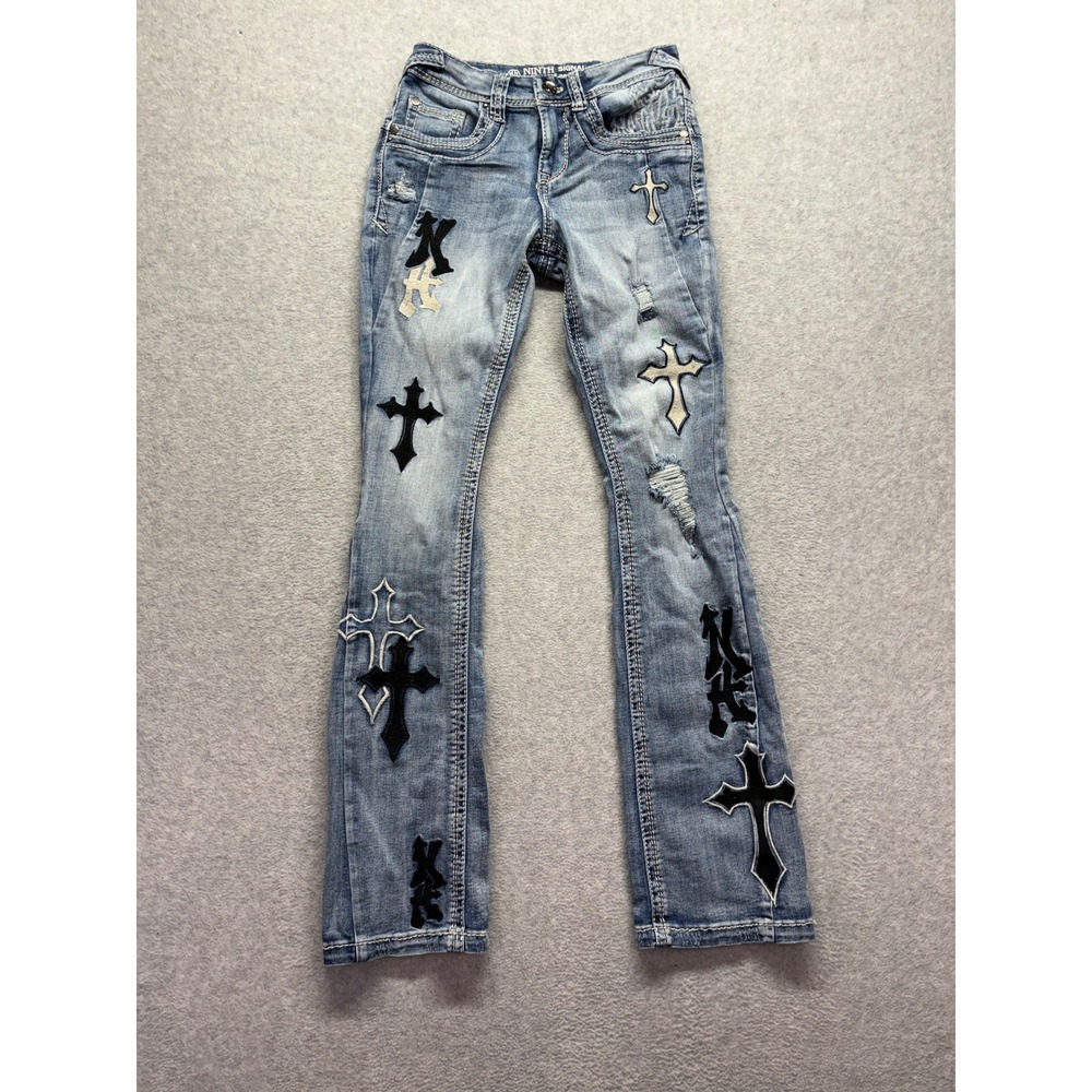 Ninth Signal Hall Flare Jeans Light Wash Cross Patch Distressed Y2K Denim 28